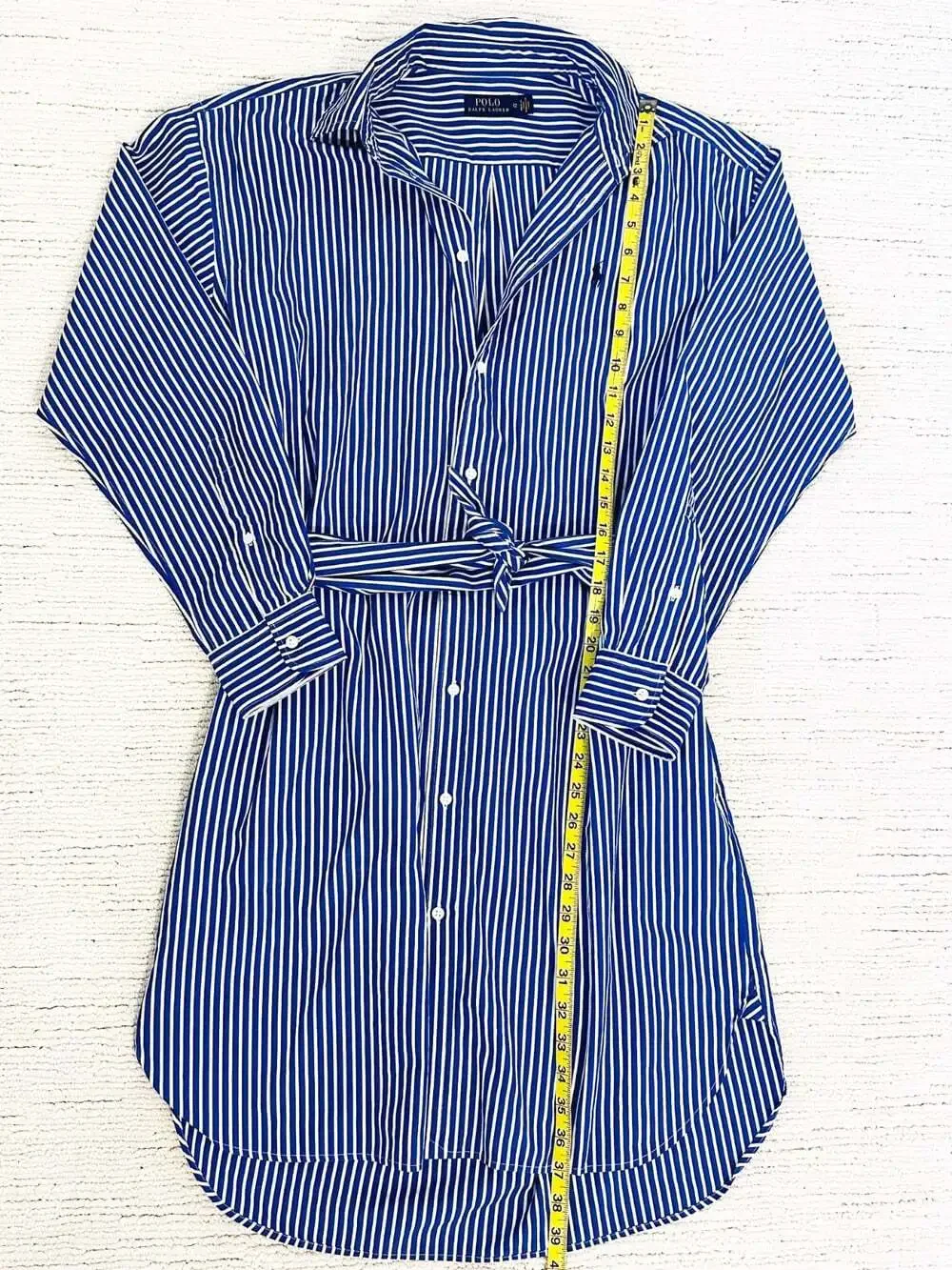 POLO RALPH LAUREN Belted Striped Shirt Dress Sz 12 Blue/White Long Sleeve Button